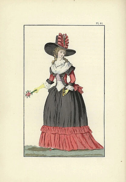 Woman in large black felt hat with a poppy-red ribbon, caraco jacket, violet corset, and black and poppy petticoats, white fichu and falbala, 1787. Handcoloured lithograph from Fashions and Customs of Marie Antoinette and her Times
