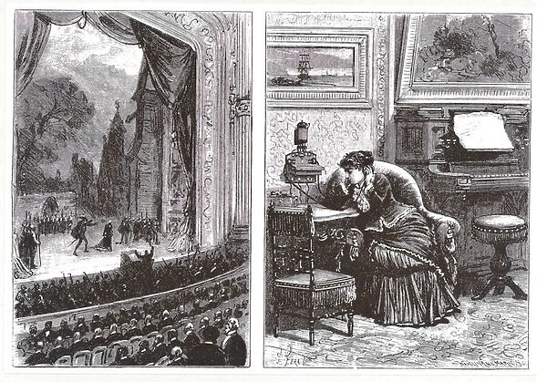 A Woman listening to an opera performance in her own home by means of the Ader-Bell