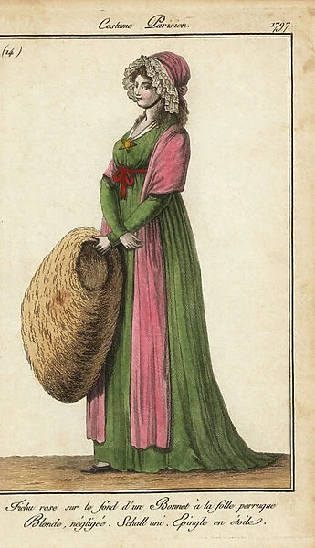 Woman in madwoman-style bonnet with huge fur muff, 1797 (handcoloured copperplate engraving)