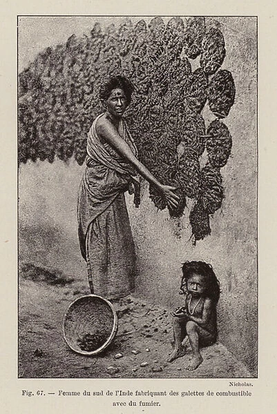 Woman making patties of fuel from cow dung, southern India (rotogravure)