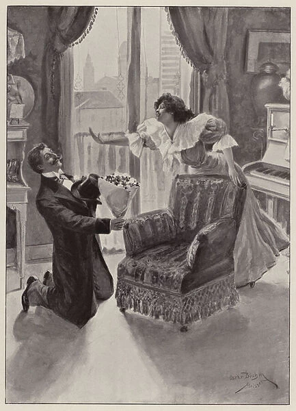 Woman trying to evade her suitors marriage proposal (litho)