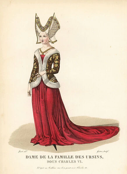 Woman of the Ursins family under Charles VI (daughter of Jean Jouvenel des Ursins and Michelle de Vitry). She wears a tall horned bonnet, gold especially lined with fur, and long dress with train, crakows or foals