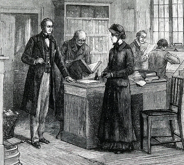 A woman visits her local bank and converses with a manager, 1882