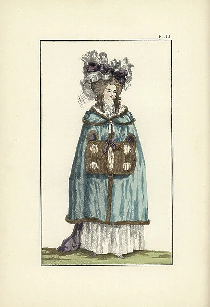 Woman wearing an English-style dress with peasant bonnet and hair in ringlets