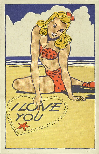 Woman writing 'I love you' in the sand at the seaside (colour litho)