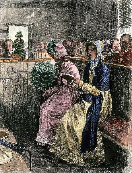 Two women on a church bench singing Protestant hymns during religious service around 1870. Coloured engraving, 19th century