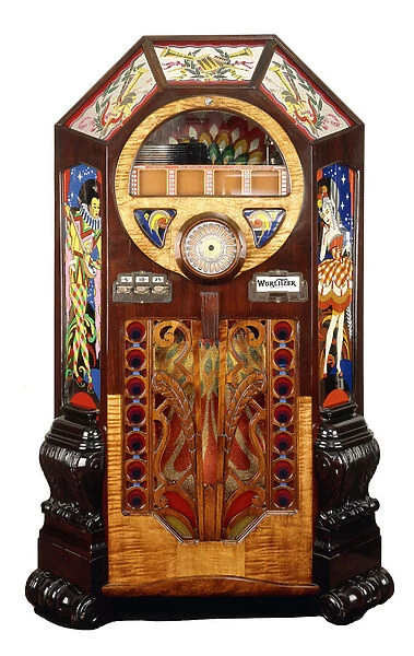A Wurlitzer 42 Victory Jukebox, decorated with figures and musical motifs, c. 1943-45 (jukebox with wooden case, painted panels)
