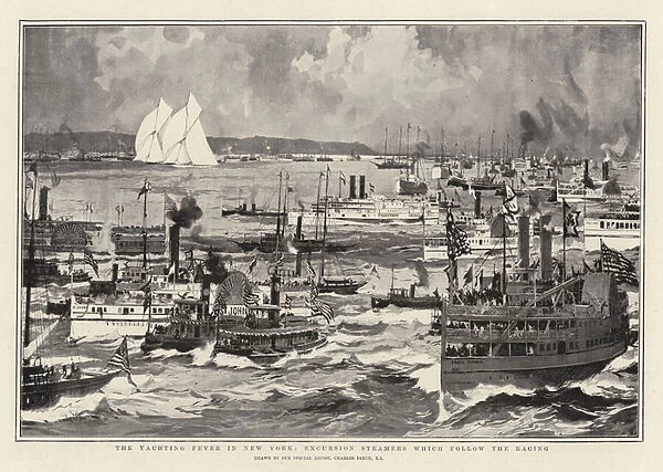 The Yachting Fever in New York, Excursion Steamers which follow the Racing (litho)