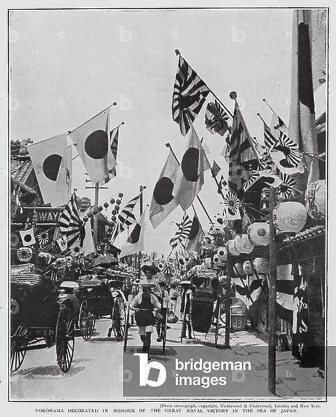 Yokohama decorated with flags celebrating the Japanese victory at the Battle of Tsushima, Russo-Japanese War, 1905 (b / w photo)