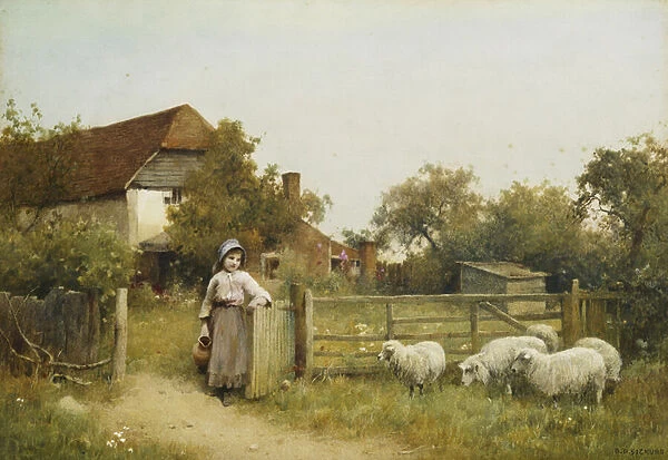 Young Girl with Sheep, by a Cottage, (pencil and watercolour heightened with white)