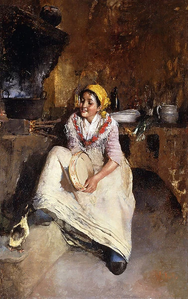 A Young Girl with a Tambourine, (oil on canvas)