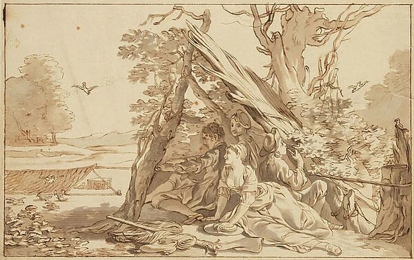 Three young Men and a Woman under a Shelter, 1764-1827 (pen and ink with grey wash)