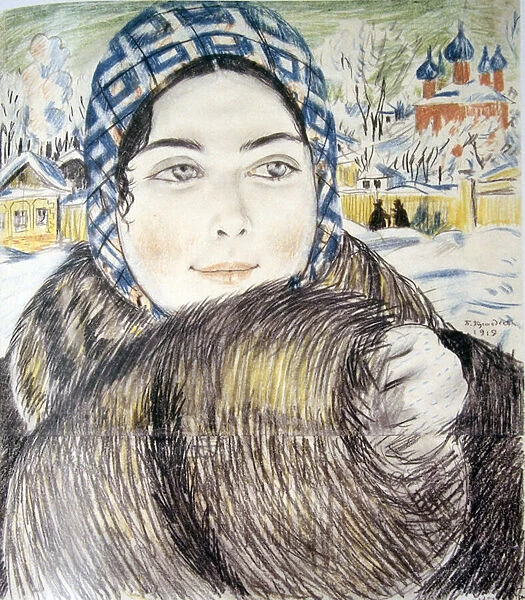 A young merchants wife in a checkered scarf par Kustodiev, Boris Michaylovich (1878-1927), 1919 - Colour pencils on paper - State Russian Museum, St. Petersburg