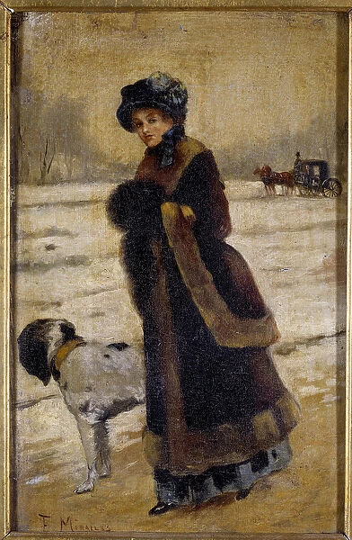 Young woman with a dog Young bourgeois wearing a fur and a sleeve