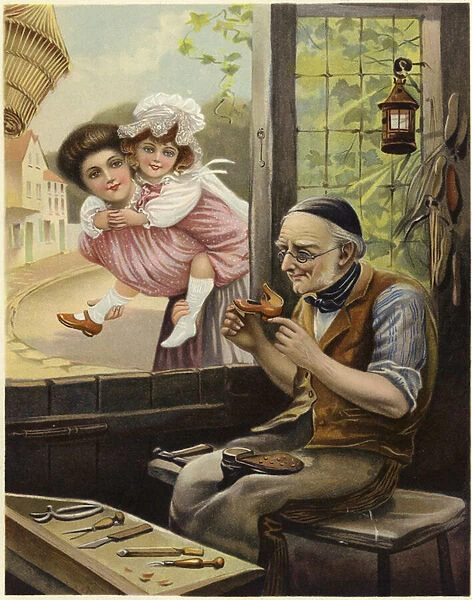 A young woman and a small girl watch a cobbler at work (colour litho)