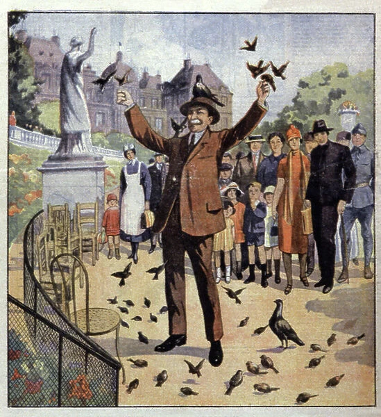 Zoology. Bird charmer in the Garden of the Tuileries, Paris, France. Illustration in: Le Petit Journal, Aug. 23, 1925 (print)