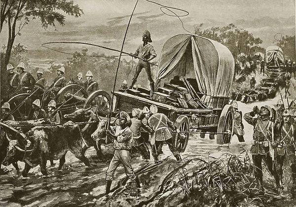 Zulu War: the Etshowe relief force crossing a stream, April 1879 (litho)