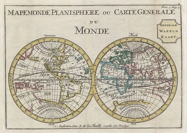 1706, de La Feuille Map of the World on Hemisphere Projection, topography, cartography