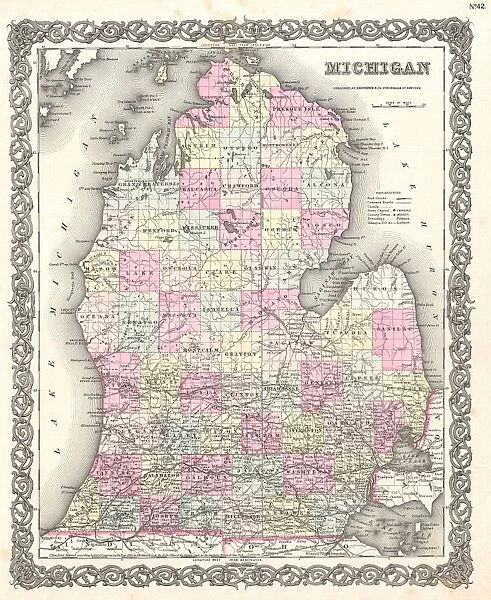 1855, Colton Map of Michigan, topography, cartography, geography, land, illustration