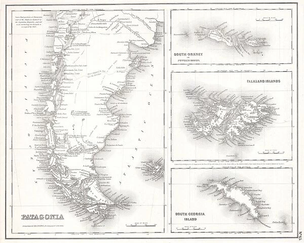 1855, Map of Patagonia, Argentina, Falkland Islands, topography, cartography, geography