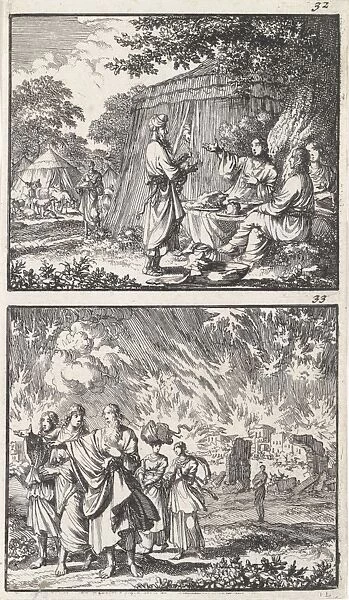 Abraham receives the three angels, Lot leaves Sodom, print maker: Jan Luyken, Barent
