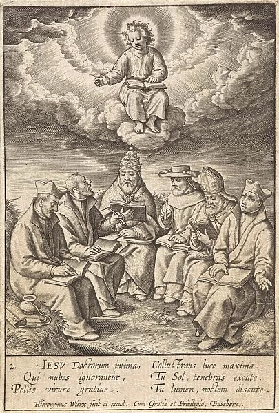 Adoration of the Christ Child by clergy, Hieronymus Wierix, 1563 - before 1619