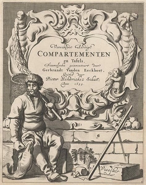 Cartouche with lobe ornament with a fisherman, print maker: Pieter Hendricksz. Schut