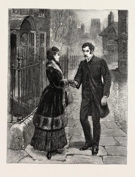 DRAWN BY JOHN CHARLTON, STREET, MAN, WOMAN, ENCOUNTER, engraving 1884, life in Britain