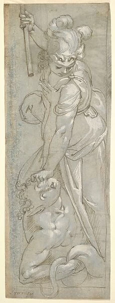 Female Warrior crushing Satyr 16th century Pen