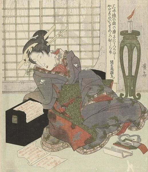 A geisha leans box shamisen geisha reads letter