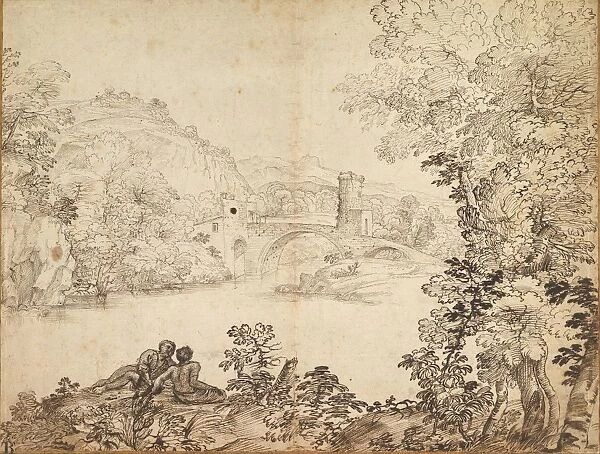 Landscape Bridge Two Figures 1606-80 Pen brown ink