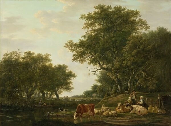 Landscape with Peasants with their Cattle and Anglers on the Water, Jacob van Strij