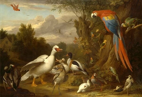 A Macaw, Ducks, Parrots and Other Birds in a Landscape Signed, lower left: J