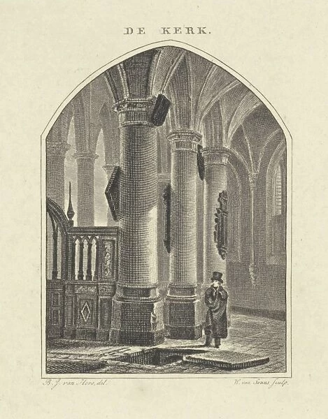 Man at an open grave in a church, print maker: Willem van Senus, Bartholomeus Johannes