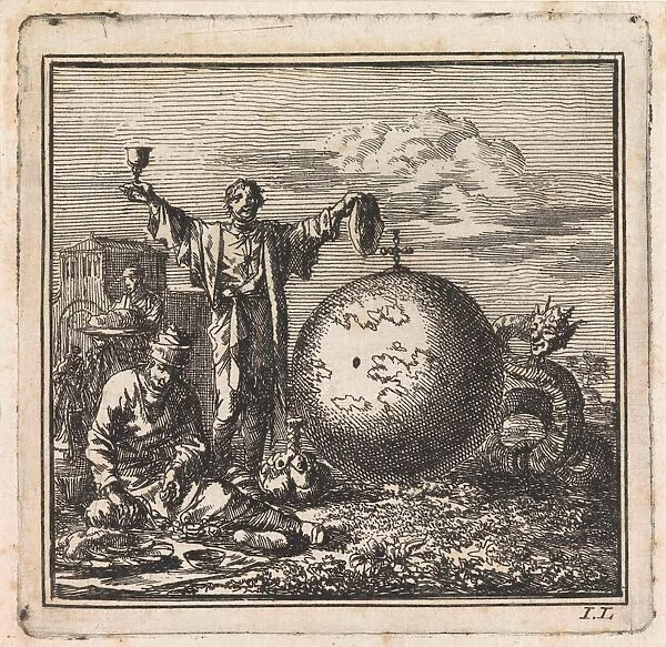 Two men enjoy food and drink while Satan is watching from behind the globe, print maker