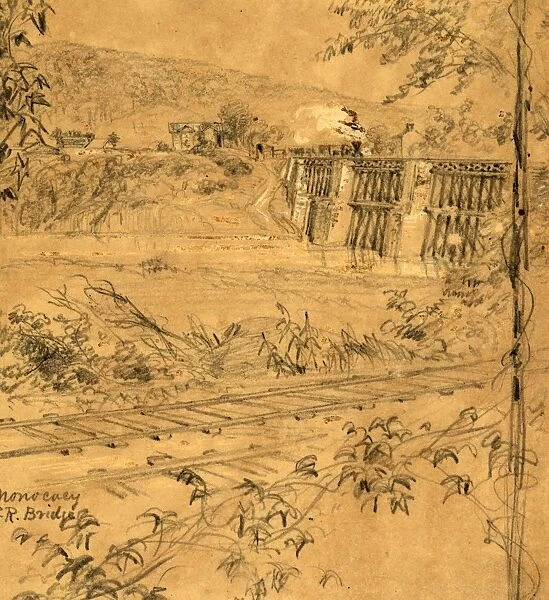 Monocacy R. R. Bridge, 1863 ca. June-July, drawing on tan paper pencil and Chinese white