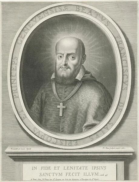 Portrait of St. Francis de Sales, a halo behind his head, he was bishop of Geneva