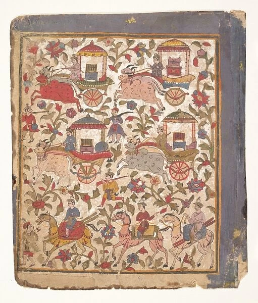 Procession Carriages Carrying Booty Page Dispersed Bhagavata Purana Manuscript