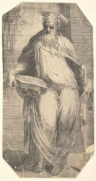 Saint Simon standing supporting book right thigh