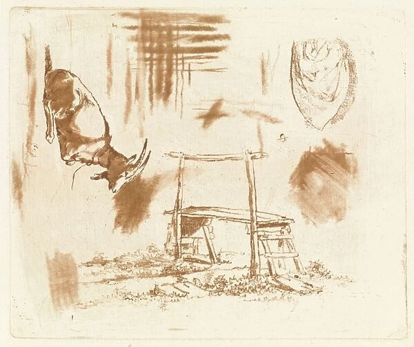 Study Sheet with reclining goat, a wooden bench and a drapery, Johannes Huibert Prins
