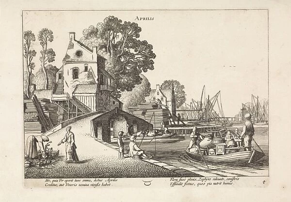 Village view with activity on the water: april, Jan van de Velde (II), 1608 - 1618
