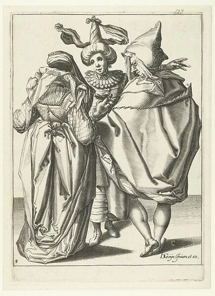 A woman dressed festively, a man in a cape and a masked man who extends his left arm