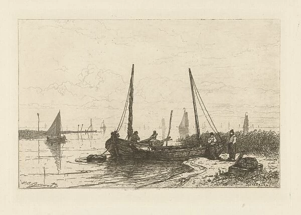 The Zuiderzee. In the foreground, a bank with a fishing boat, The Netherlands, print
