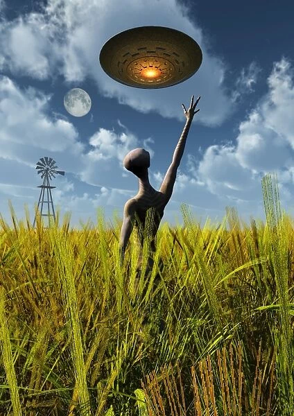 An alien being directing a UFO in making crop circles