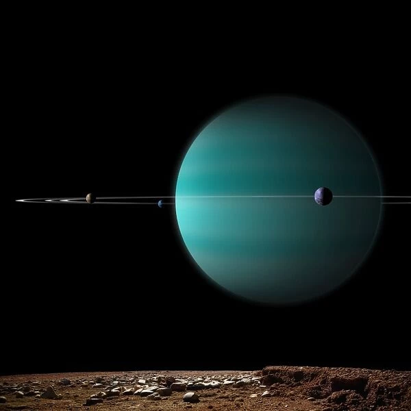 Artists depiction of a ringed gas giant planet surrounded by its moons