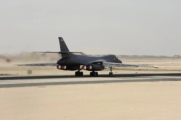 A B-1B Lancer takes off at an air base in Southwest Asia
