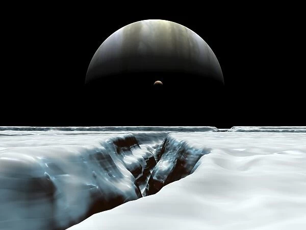 A crescent Jupiter and volcanic satellite, Io, hover over the horizon of the icy