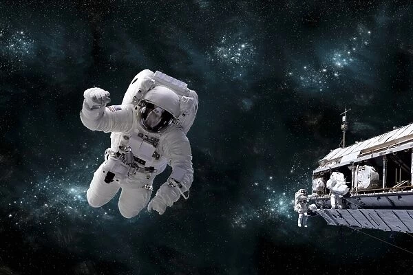 A galactic scene showing astronauts working on space station
