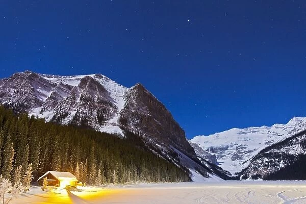Lake Louise on a clear night in Banff National Park, Alberta, Canada