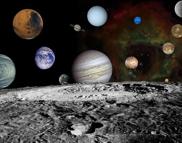 Montage of the planets and Jupiters moons